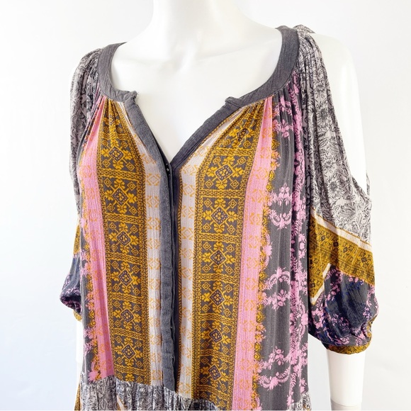 Free People Multicolor Damask Print Cold Shoulder Mini Dress Tunic Size XS - Picture 3 of 9